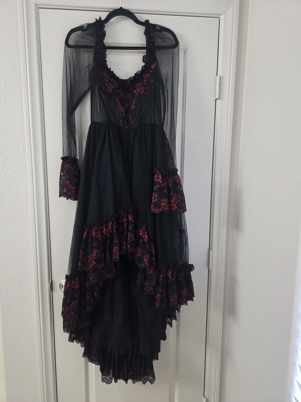 Black Sheer Lace High-Low Dress with Red Floral Accents